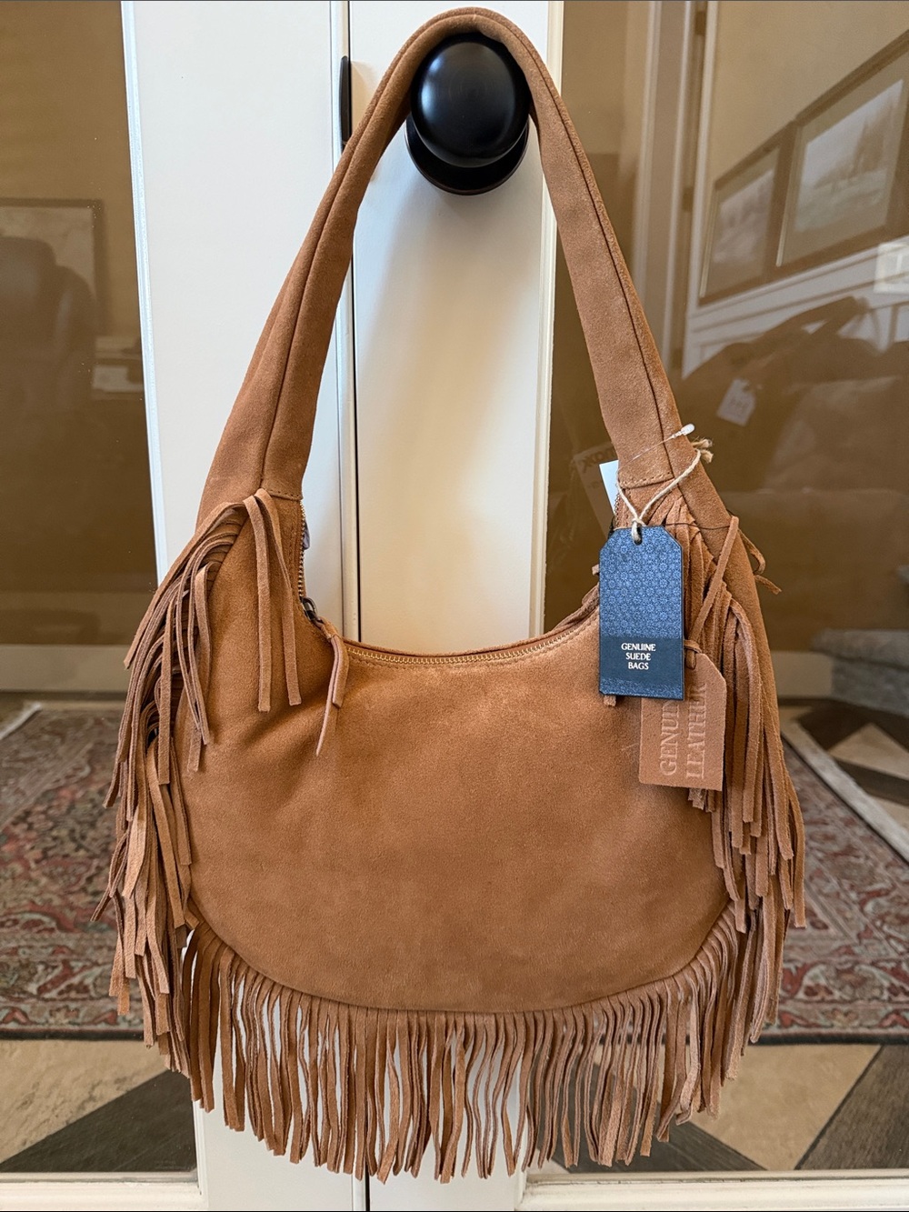 Genuine Suede Women’s Cognac Fringed Crescent Moon Hobo Bag